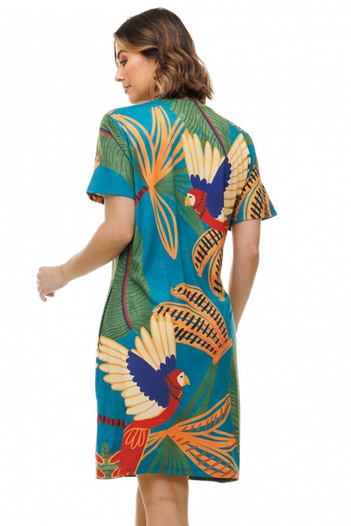 Vestido Floresta Arara e Banana  Petróleo
