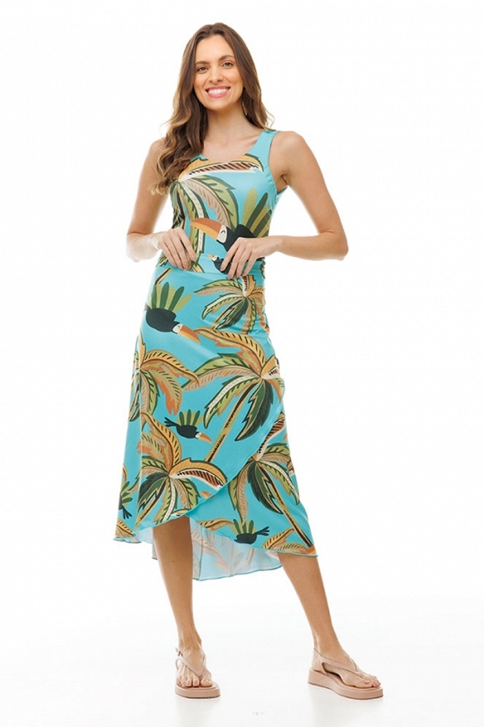 Saia Pareô Clássica Tucaninhos e Palmeiras com Fundo Turquesa