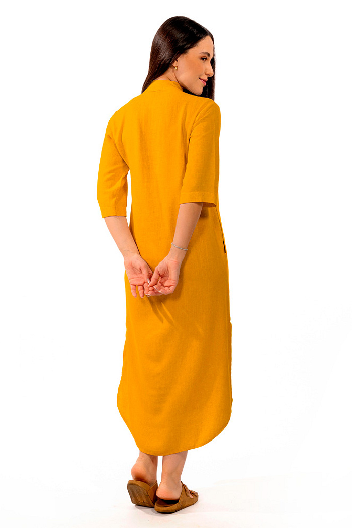 Vestido Chemise Linho Gola Padre Mostarda