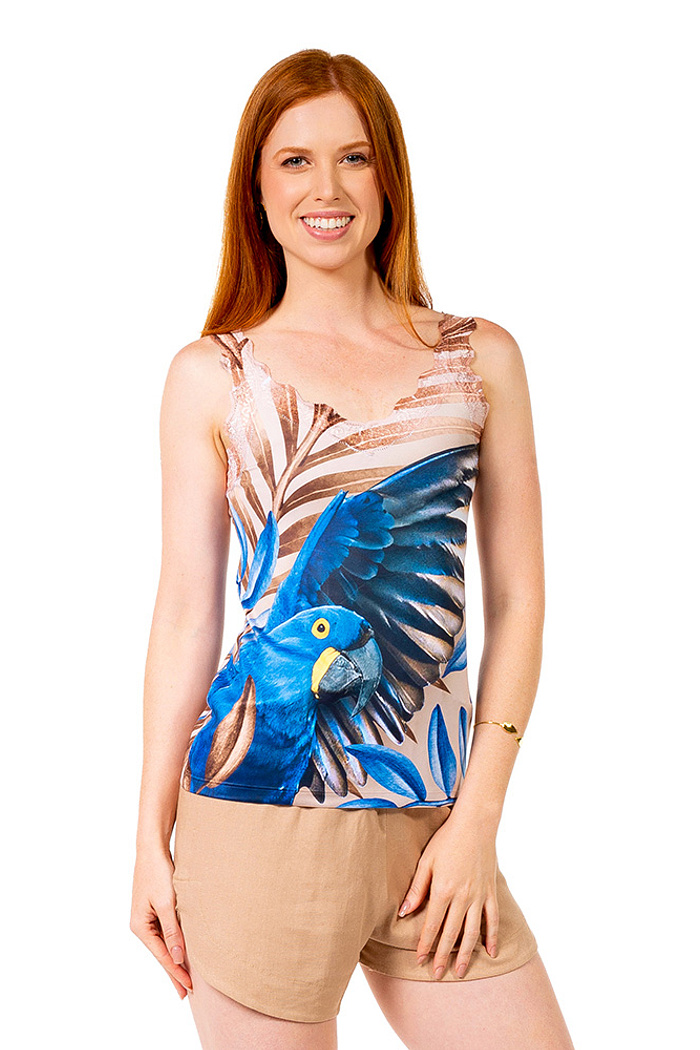 Regata Renda Arara Tons Azul e Marrom