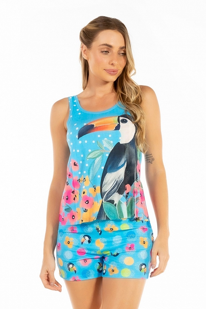 Conjunto Pijama Adulto Feminino Tucano Flor Bola Fundo Azul