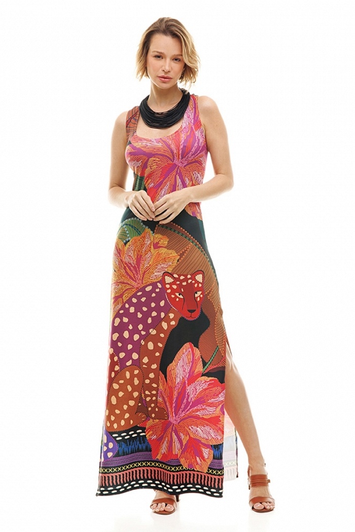 Vestido  Hortência Onça Desenhada Fundo Preto Folhagens Color