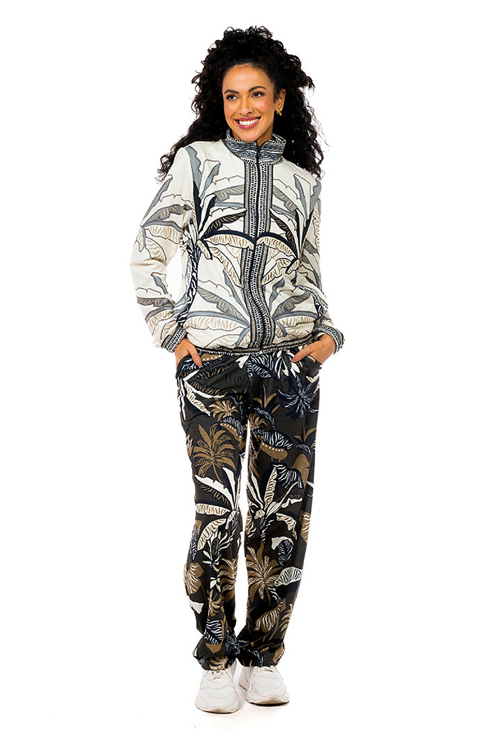 Calça Moletinho Semi Ampla Folhagens P&B