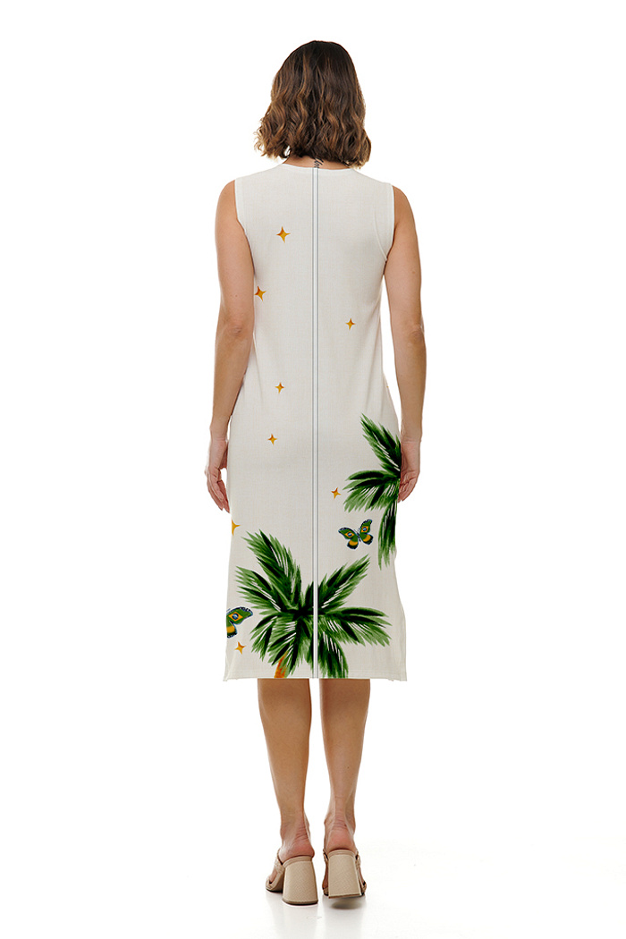 Vestido Feminino Clássico Midi Estampado Elementos Br Aquarela