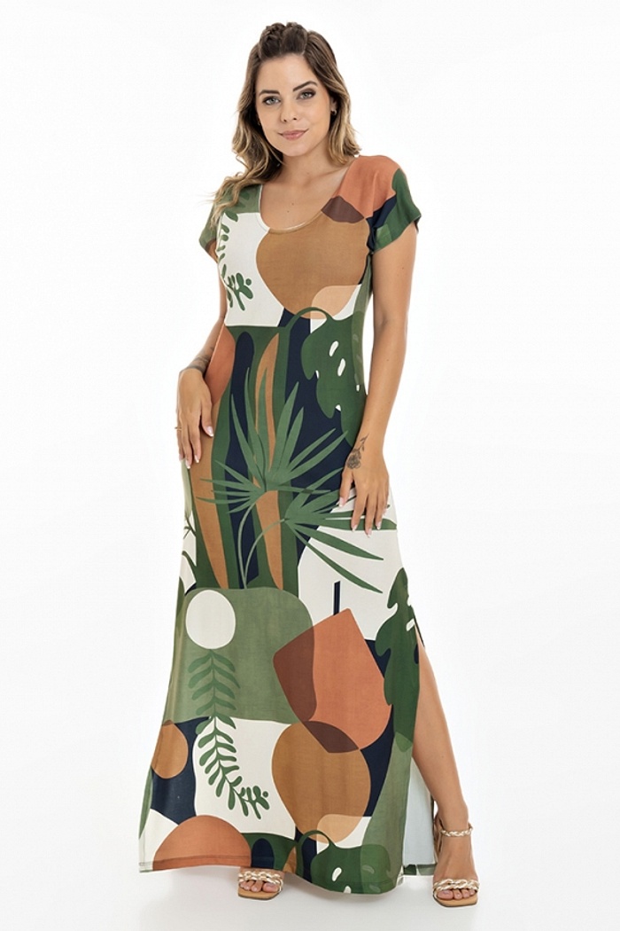 Vestido Longo Jeri Sol Folhas Abstrato