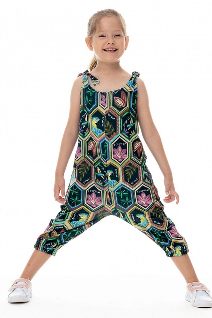 Macacão Infantil Com Bolso Hexágonos Brasil Tropical Fundo Escuro