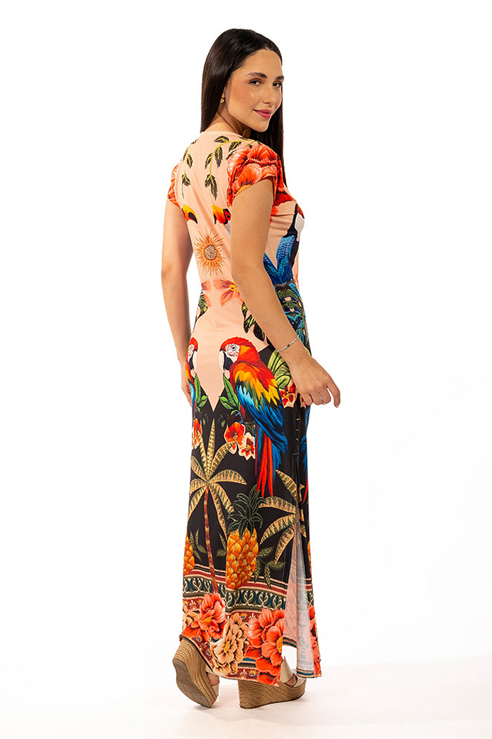 Vestido Longo Jeri Aves Tropicais Barrado