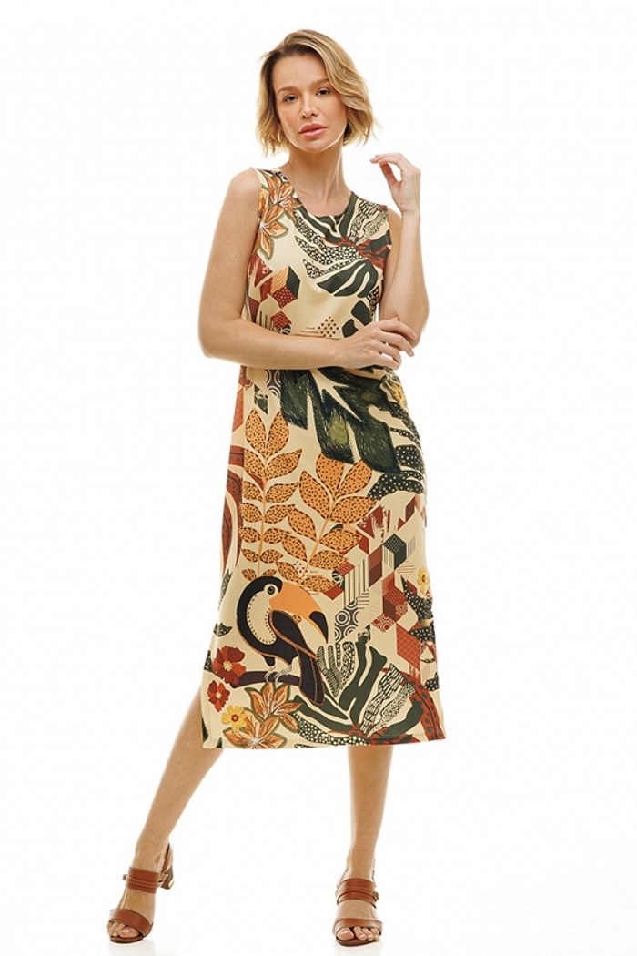 Vestido Estampado Clássico Midi Tucano e Folhas Geométricas