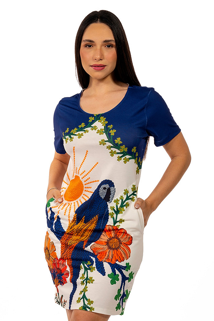 Vestido Floresta Araras Tropical Barrado