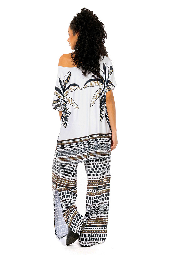 Calça Com Fenda Folhagens P&B Poa