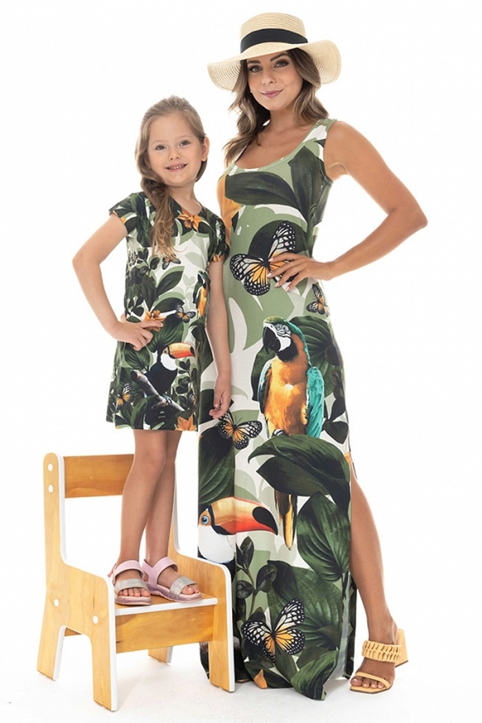 Vestido Hortência Tucano Arara Borboleta Bege
