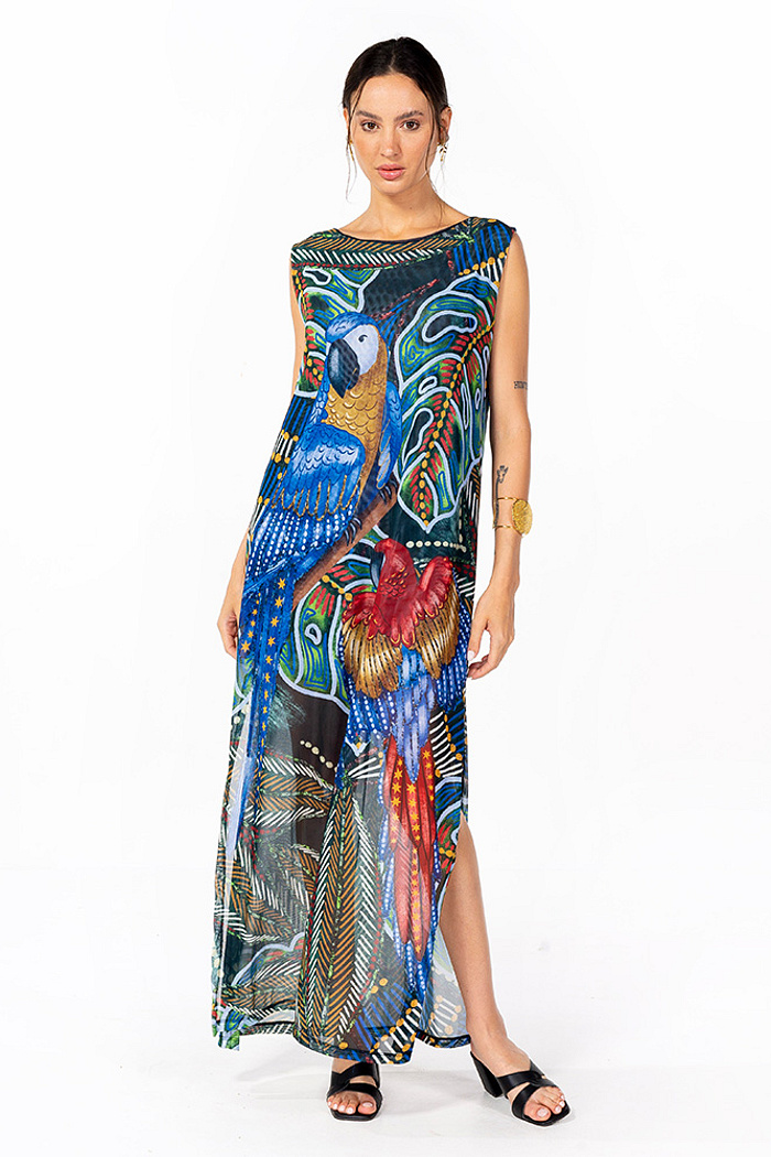 Vestido Estampado Tule Maré Araras e Cores