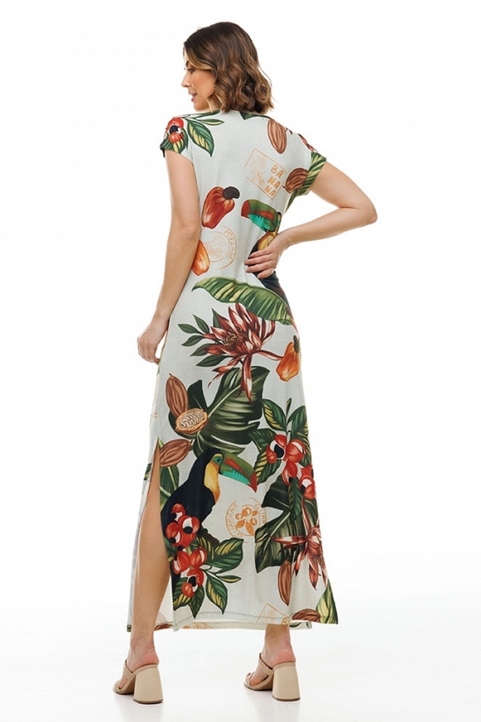 Vestido Longo Jeri Tucano com Folhas e Guaraná