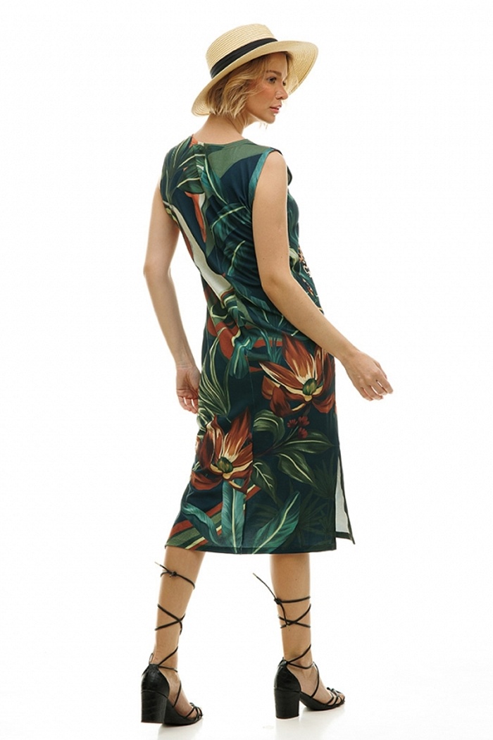 Vestido Estampado Clássico Midi Flor, Folhagem e Tucano