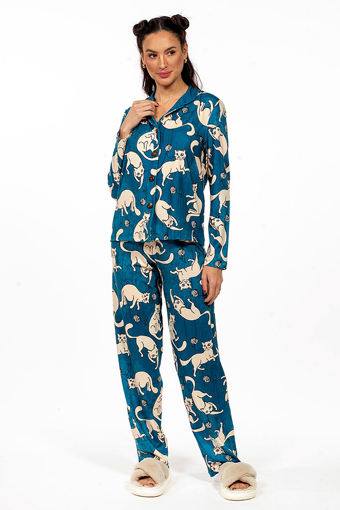 Conjunto Pijama Americano Longo Adulto Gato Brincando Novelo