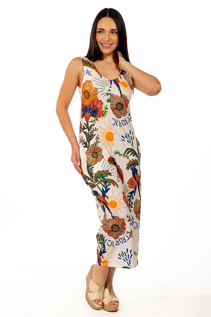 Macacão Bambú Arara Tropical Bordado