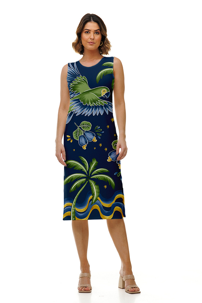 Vestido Feminino Clássico Midi Estampado Motivos Tropicais Br