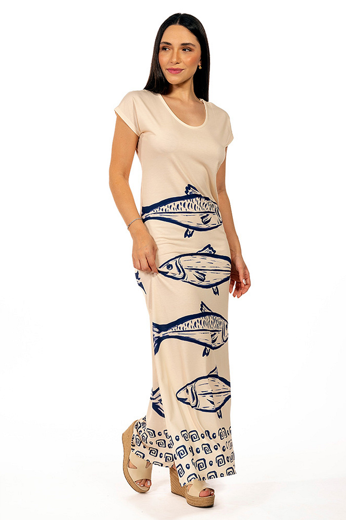 Vestido Longo Jeri Maxi Peixes Fundo Off