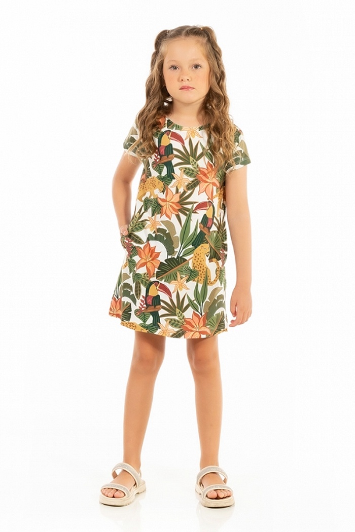 Vestido Floresta Infantil Onça Tucano Tropical Fundo Off