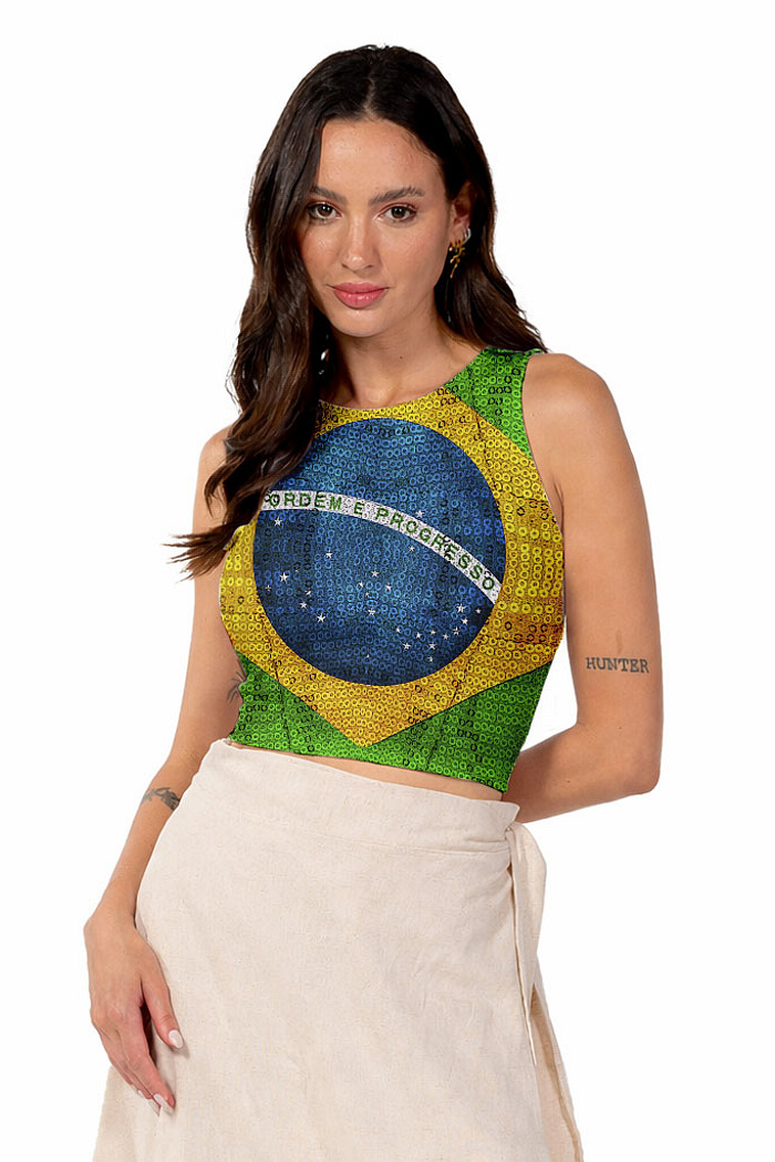 Top Canelado Feminino Estampado Bandeira Lantejoulas