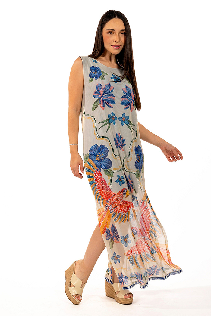 Vestido Estampado Tule Maré Passaros e Flores Bordado