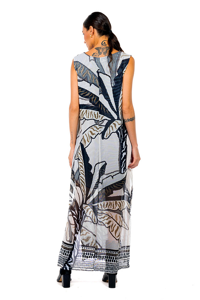 Vestido Estampado Tule Maré Folhagens P&B