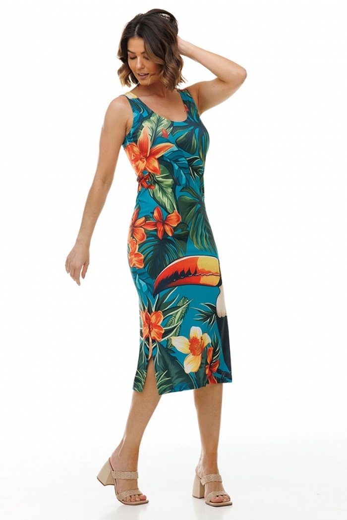 Vestido Canelado Midi Tucano e Flores