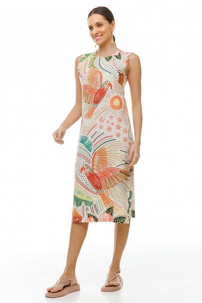 Vestido Estampado Clássico Midi Bordados Araras