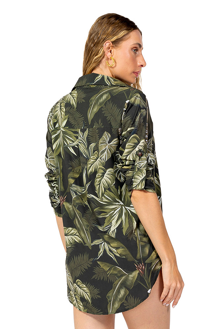 Camisa Alongada Atena Verão Folhagens  Linho Off
