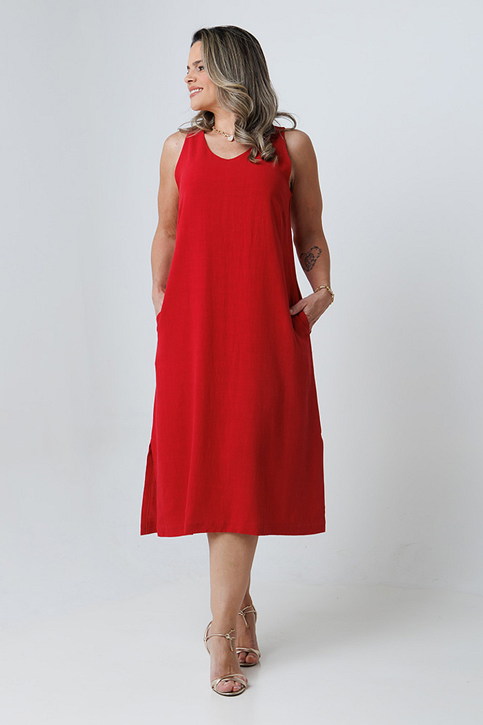 Vestido Linho Midi Essência Vermelho