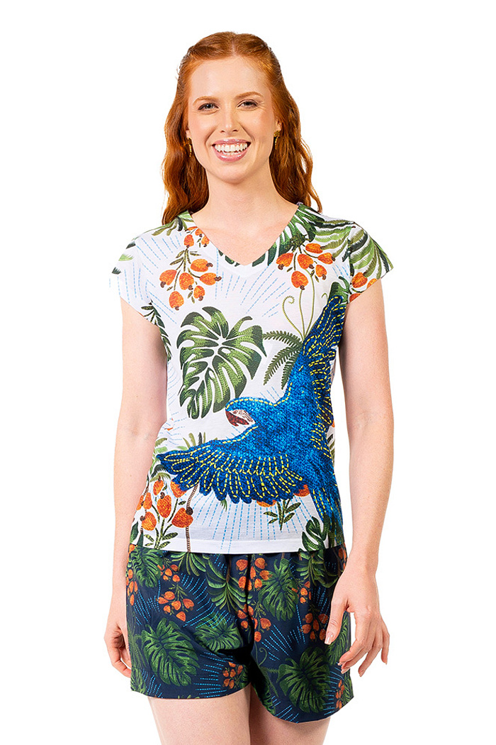 Baby Look Florata Arara Bordado Barra