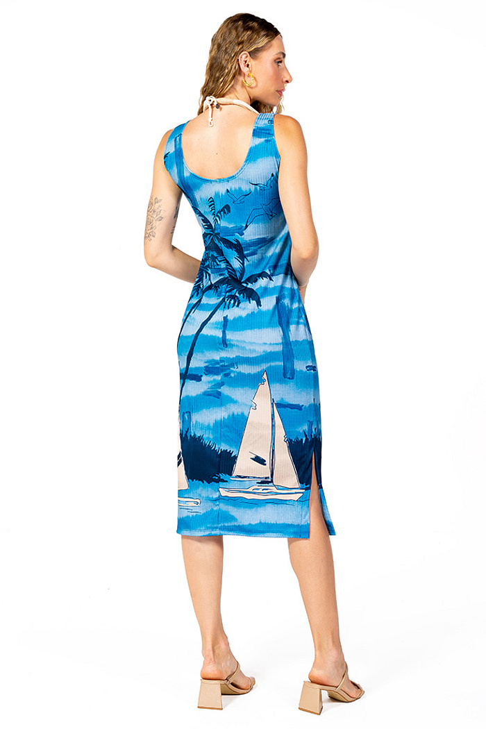 Vestido Canelado Midi Barcos Gaivotas Azul