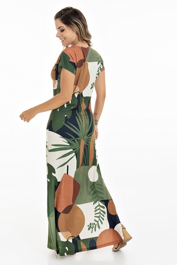 Vestido Longo Jeri Sol Folhas Abstrato