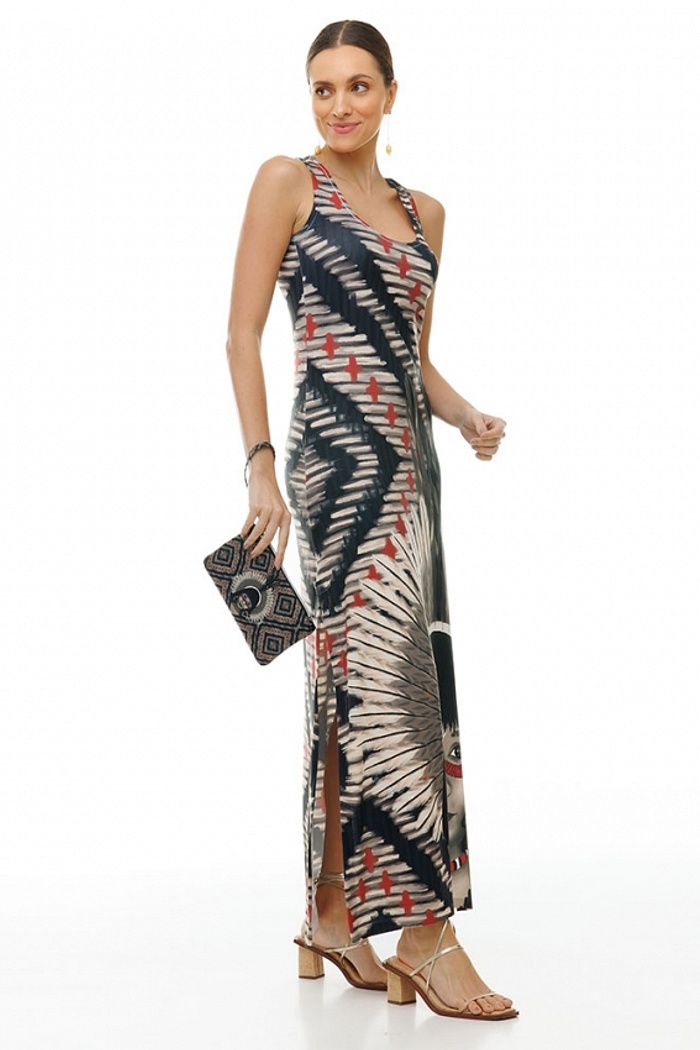 Vestido Hortência Índia Vermelho e Preto