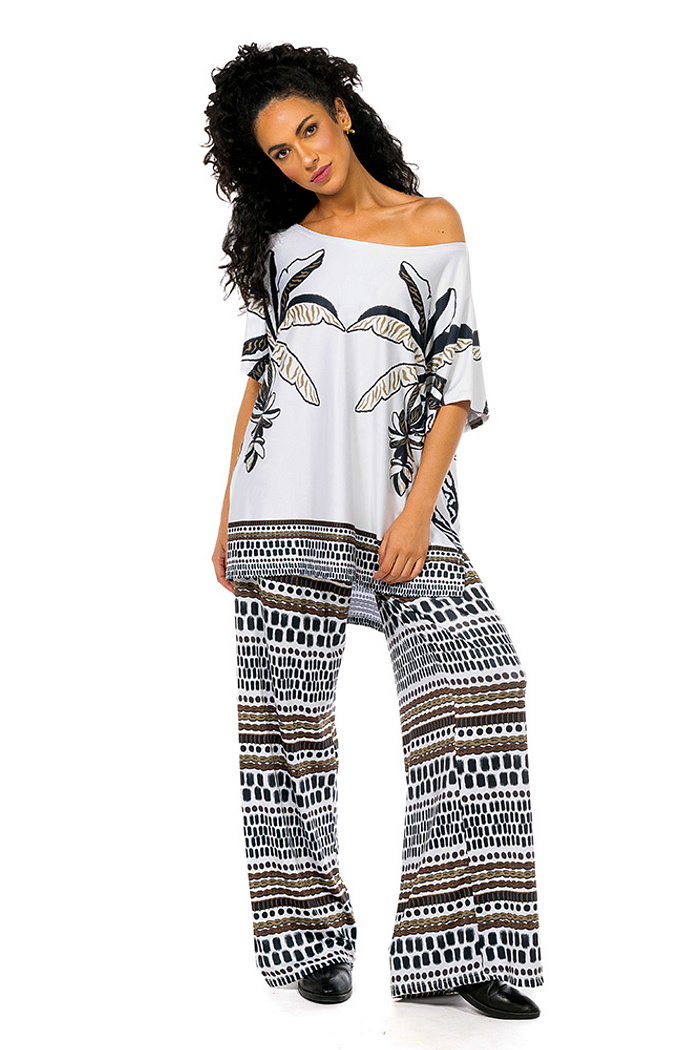 Calça Com Fenda Folhagens P&B Poa