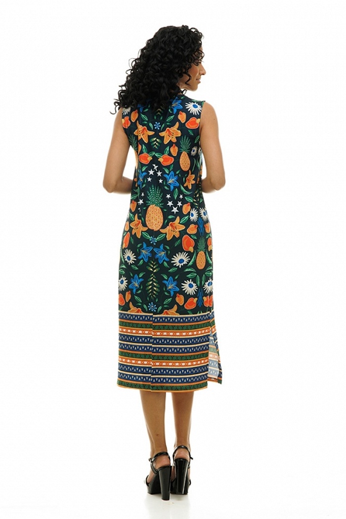 Vestido Estampado Clássico Midi Araras com Barrado