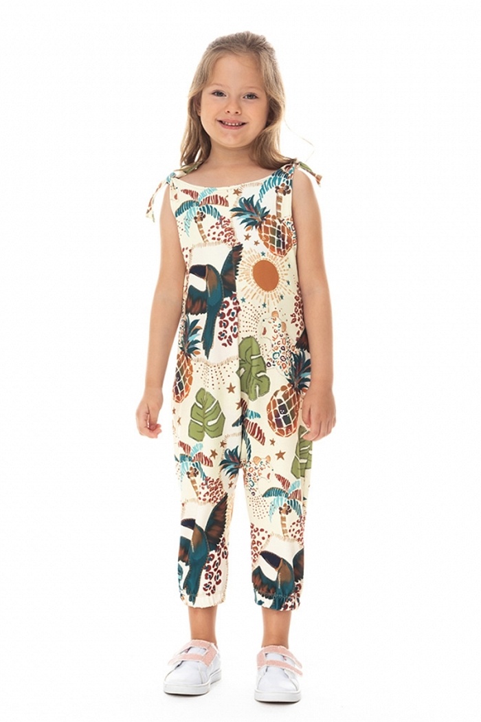 Macacão Infantil Com Bolso Abacaxi Tucano Onça Divertida