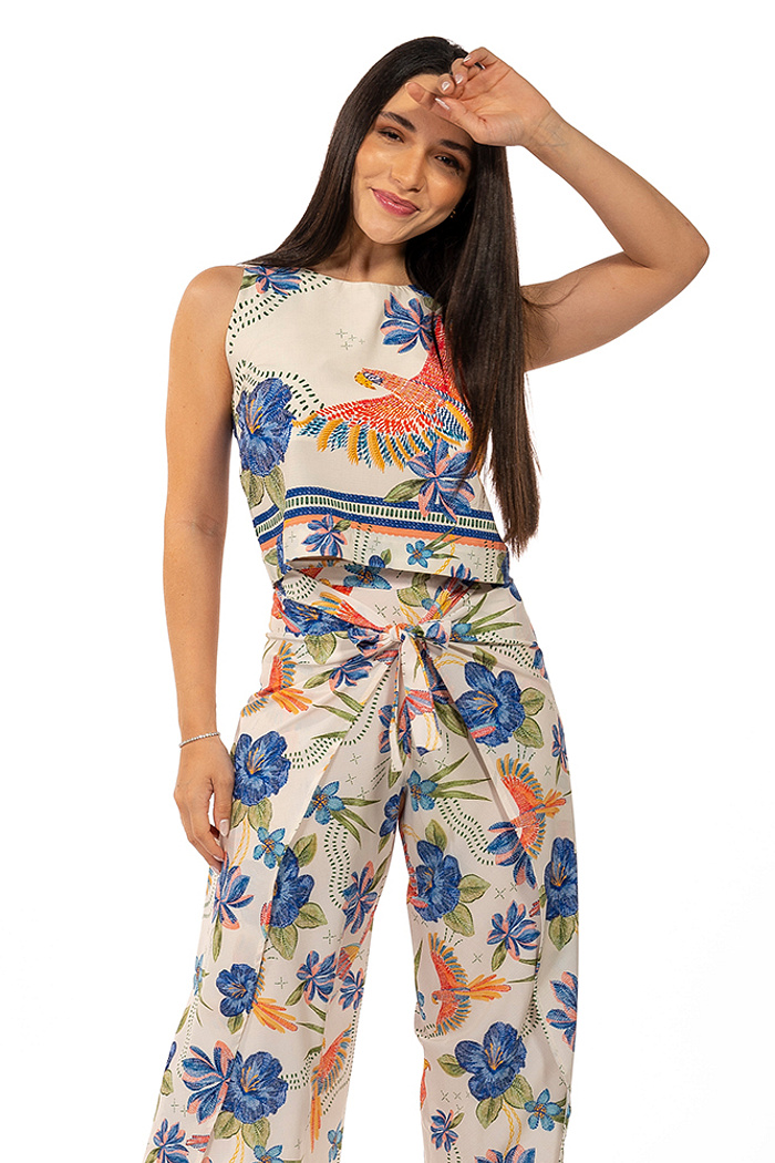 Top Cropped Atena Passaros e Flores Bordado