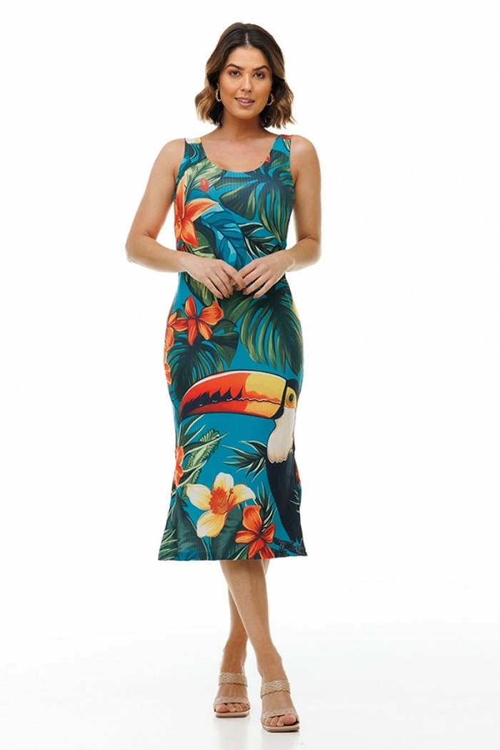 Vestido Canelado Midi Tucano e Flores