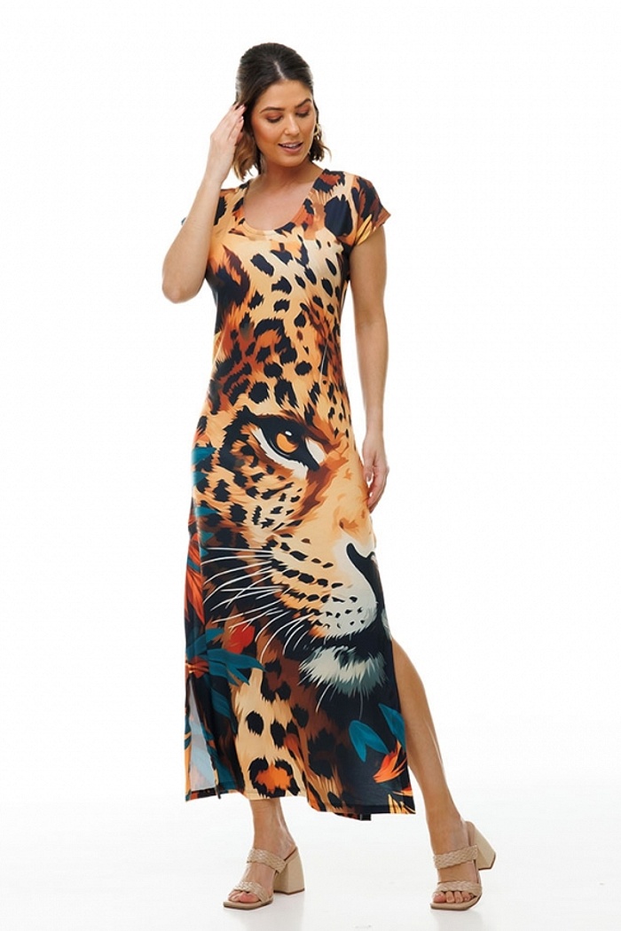 Vestido Longo Jeri Rosto Onça Folhagem Sépia