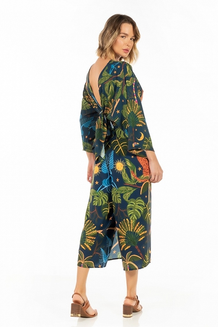 Calça Transpassada Onça Tucano Folhagens Céu