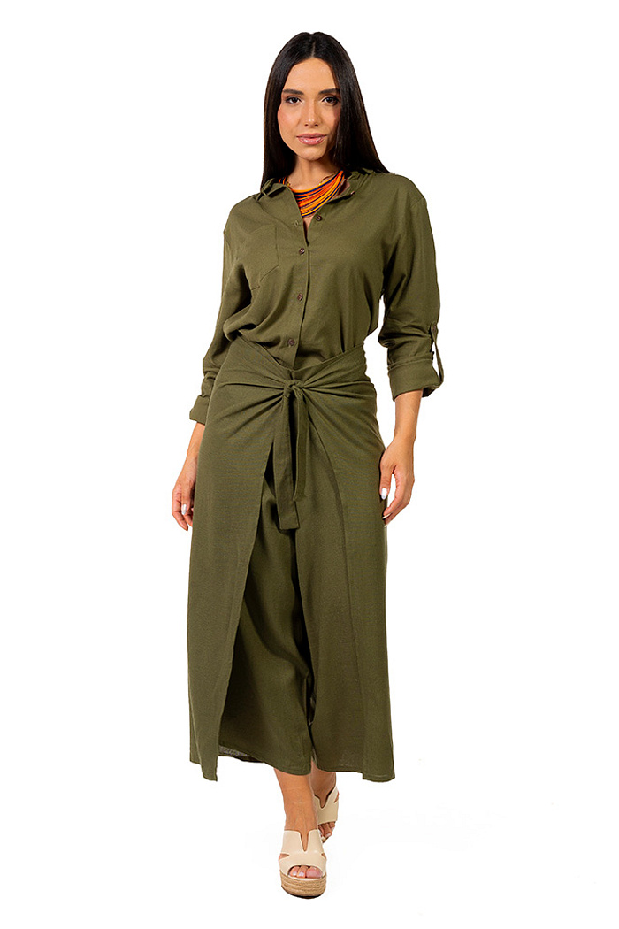 Calça Transpassada Linho Verde Musgo