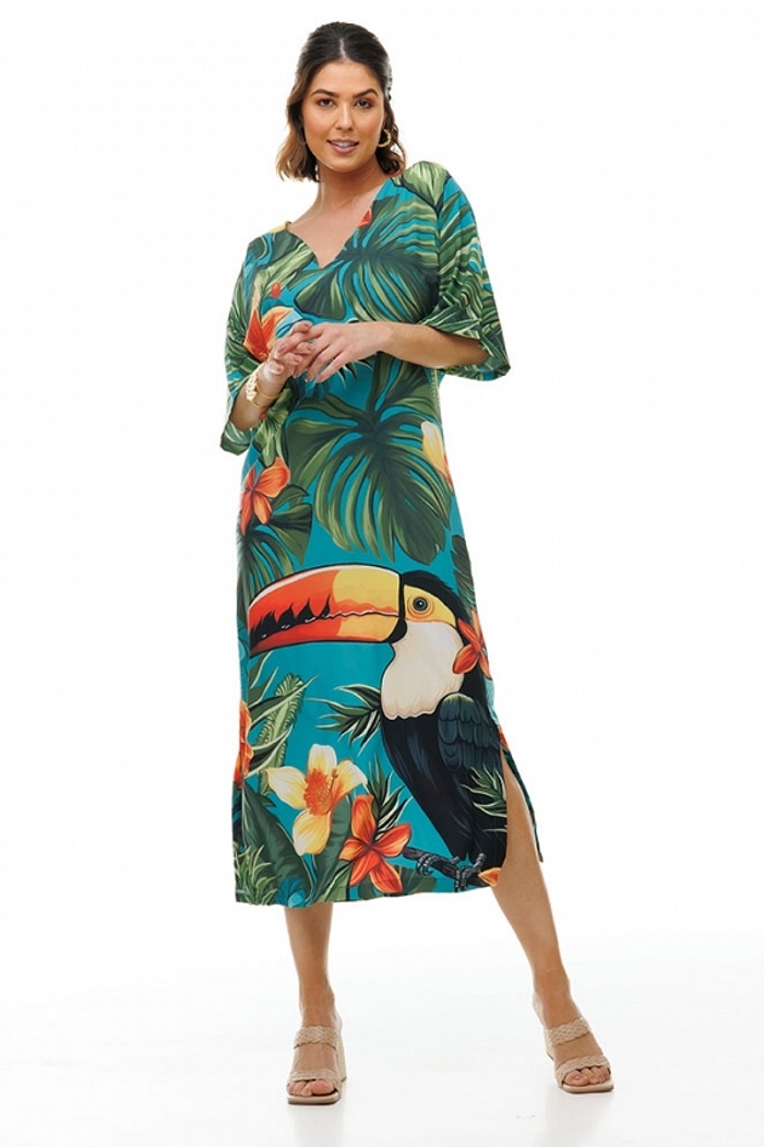 Kaftan Atena Tucano e Flores Turquesa