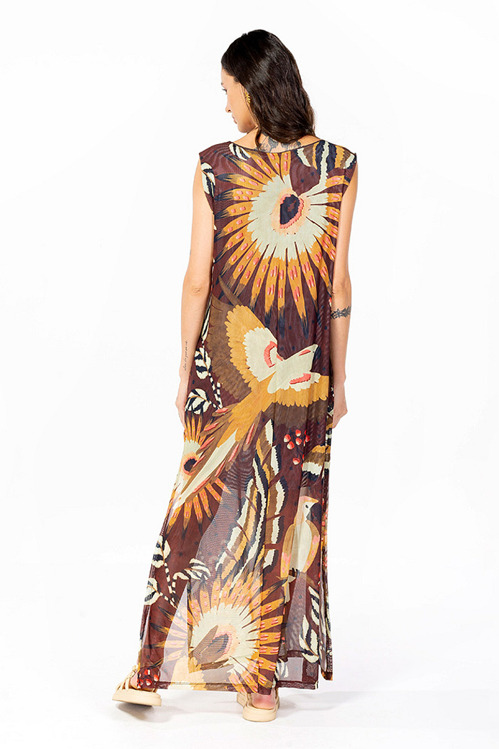 Vestido Estampado Tule Maré Arara Marrom