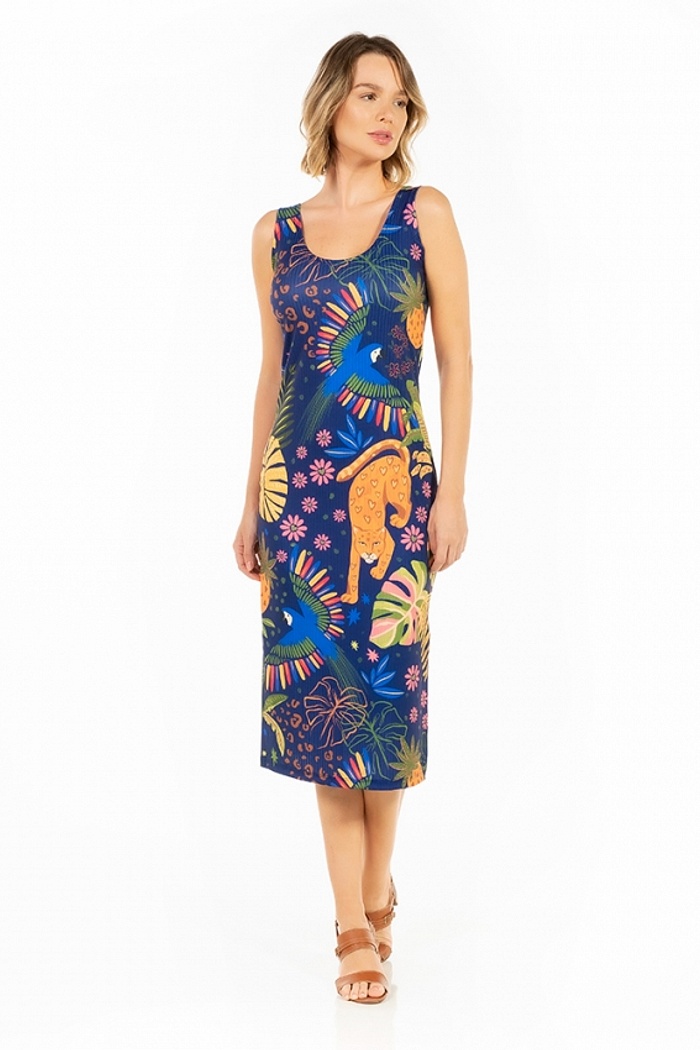 Vestido Canelado Midi Onça e Araras Candy Color