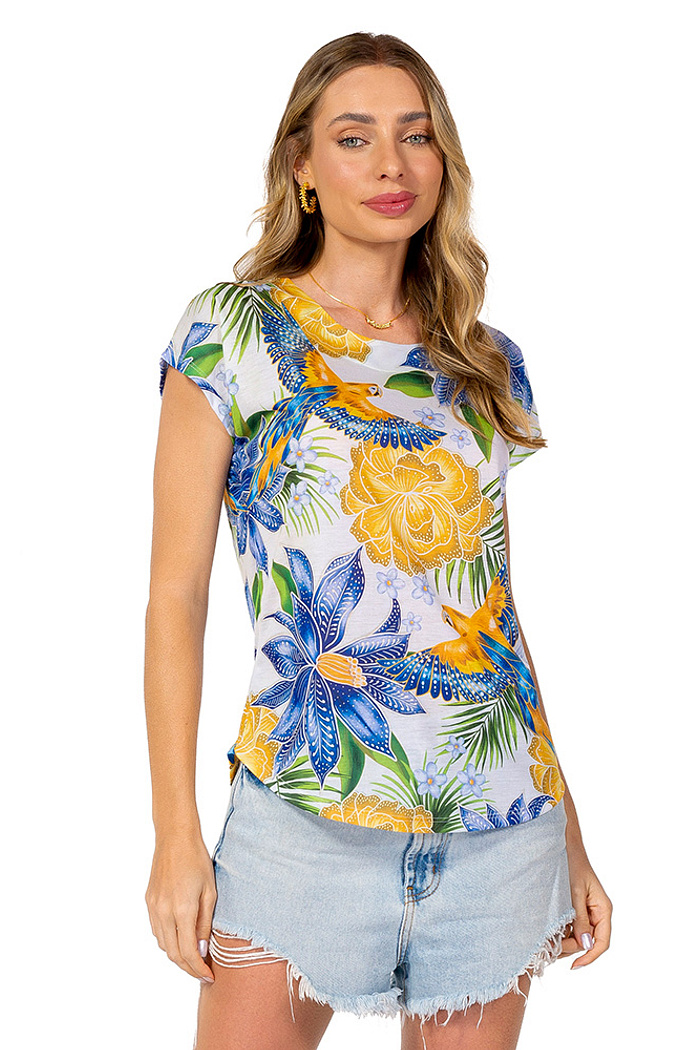 Blusa Jasmim Araras Flores  Cores Brasil
