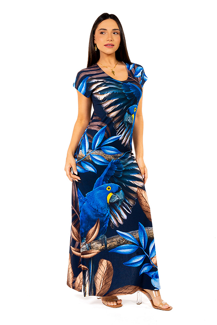 Vestido Longo Jeri Arara Tons Azul e Marrom