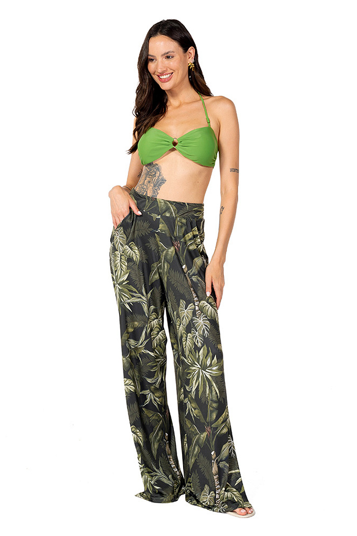 Calça com Fenda  Folhagens Linho Off