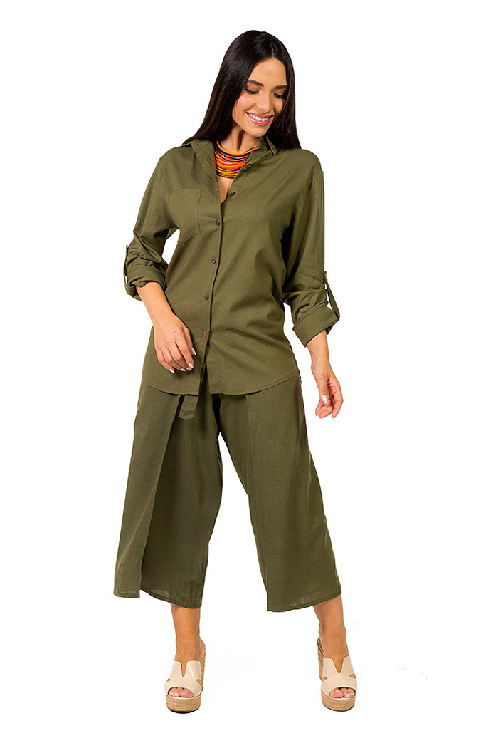 Camisa Alongada Linho Ana Verde Musgo