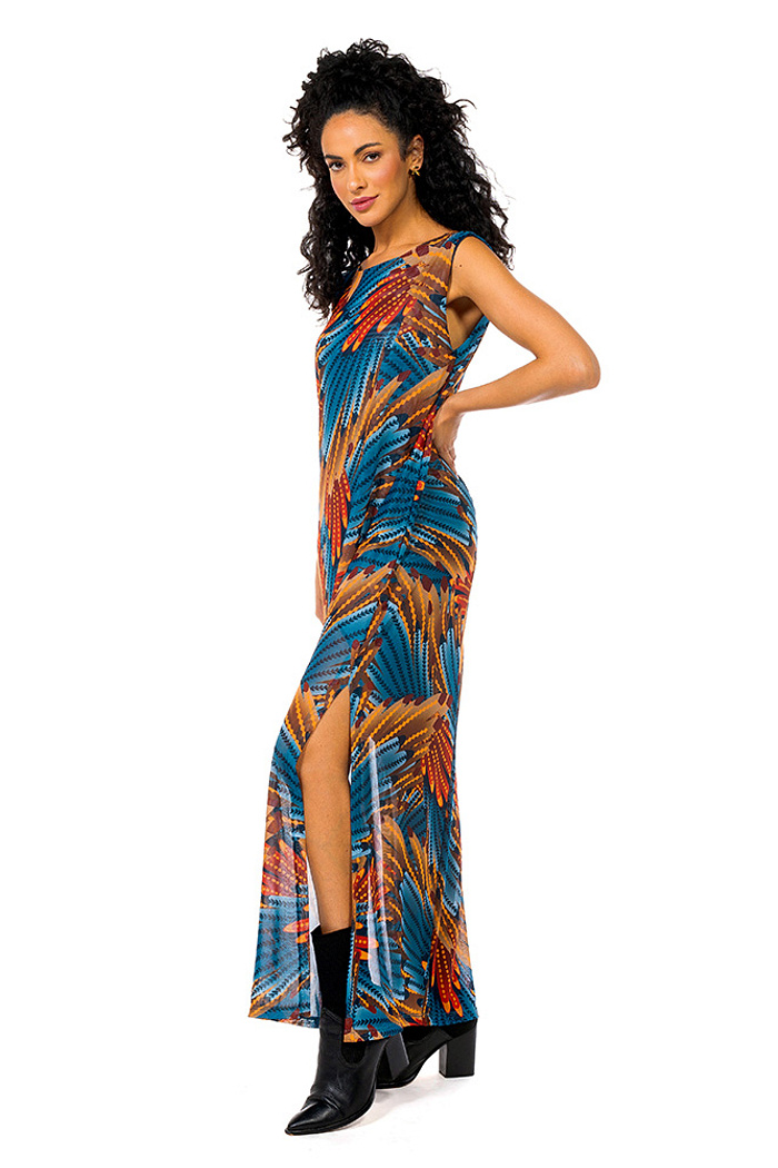 Vestido Estampado Tule Maré Arara Paraiso Floral